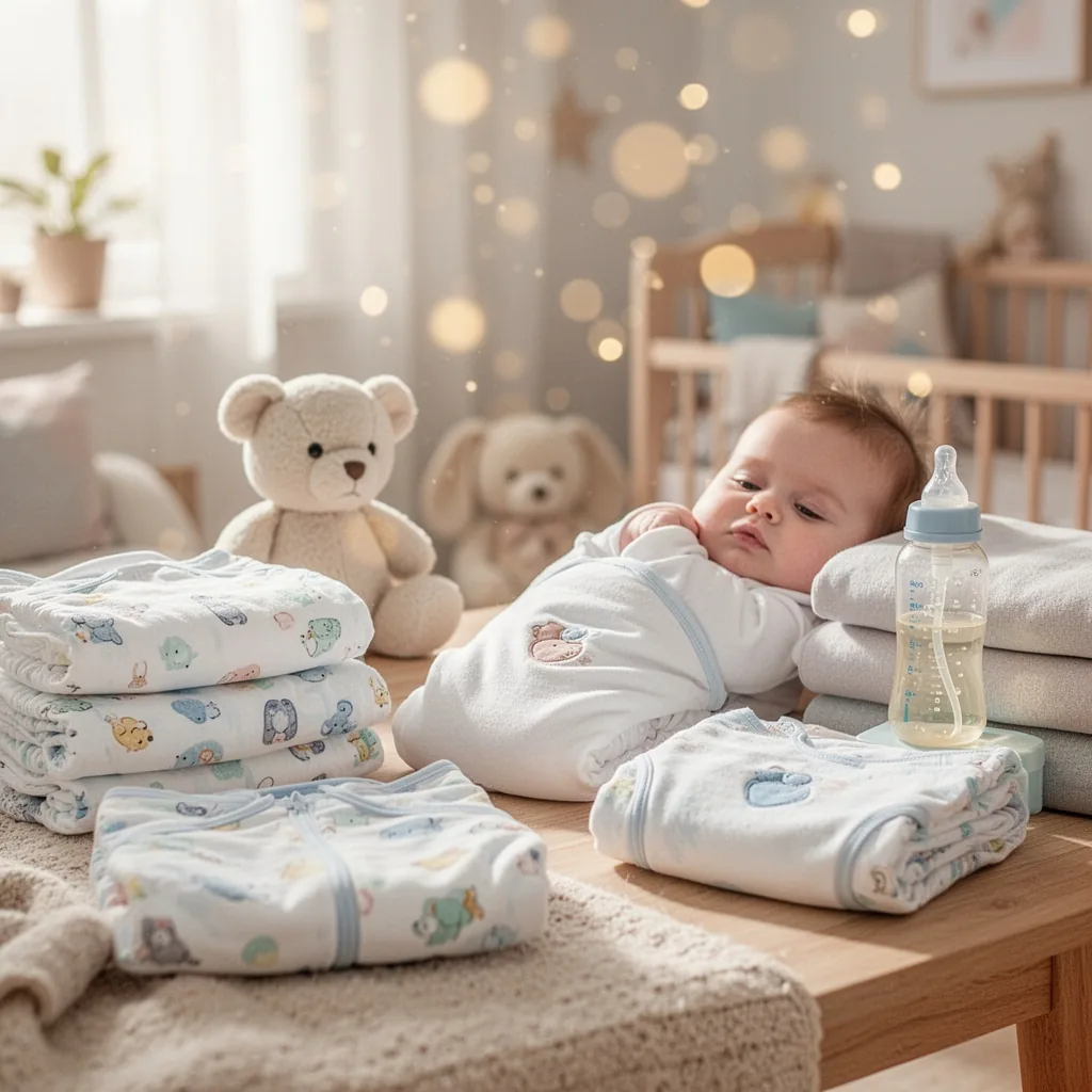 Une jeune maman assise sur un canapé, son bébé dans les bras, une tasse de thé à la main, le regard pensif tourné vers une fenêtre lumineuse. Une scène calme et intime qui évoque les questionnements silencieux des premiers mois d’allaitement.