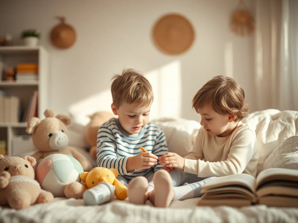 Un téléphone posé sur une table de nuit encombrée, à côté d'une gigoteuse et d'un thermomètre de bain. L'écran est allumé, une bulle de message affiche '...'.