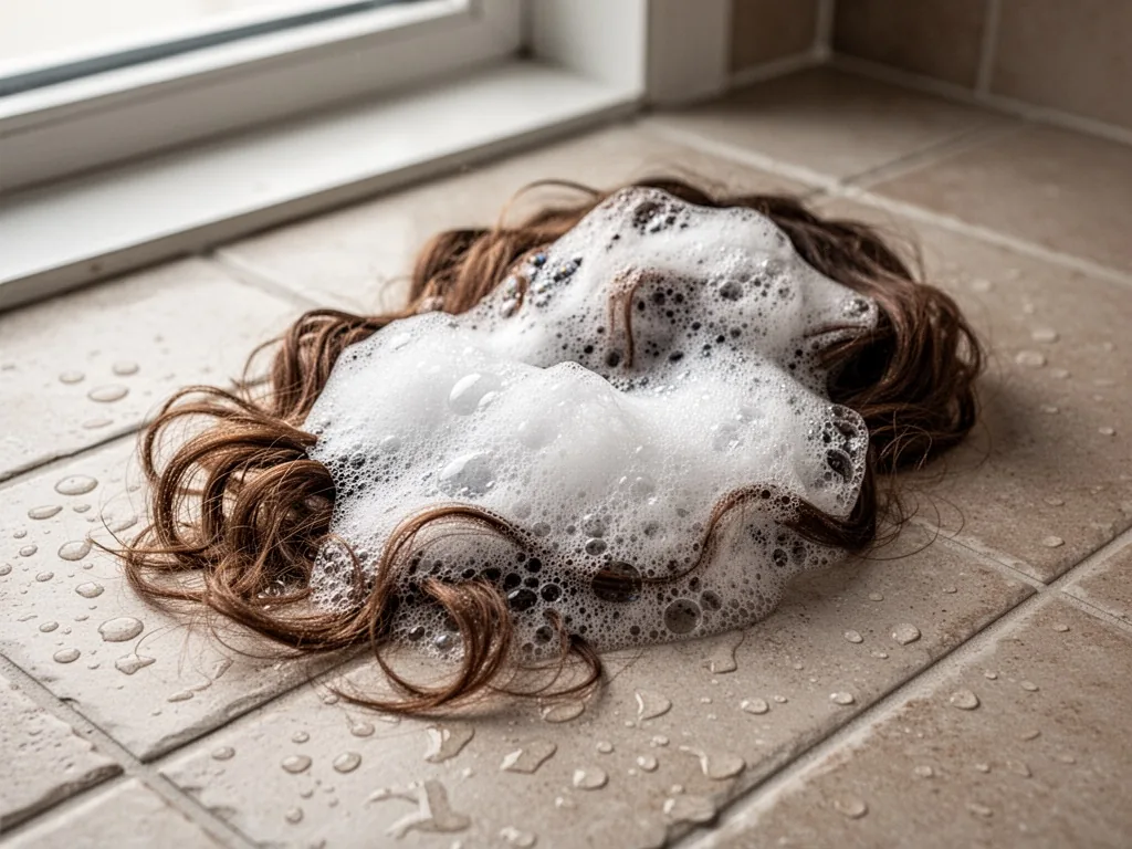 A lock of wavy brown hair covered in thick white foam and tiny bubbles, resting on a wet textured ceramic tile, water dr