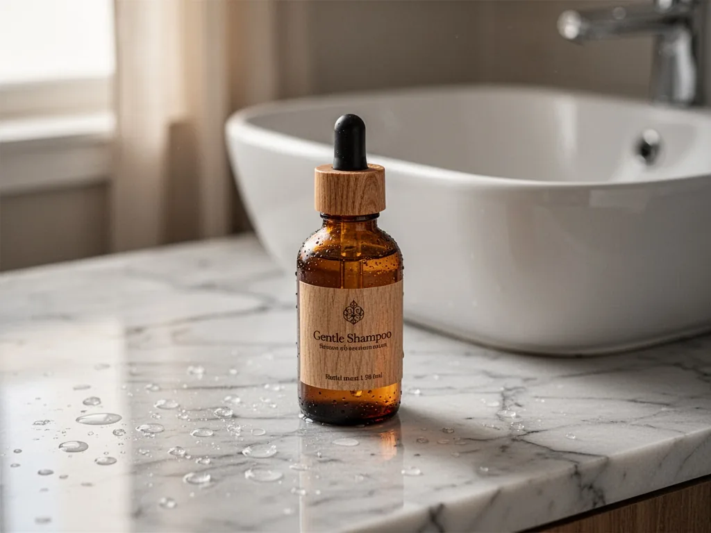 A small amber glass bottle of gentle shampoo with a wooden label and dropper, standing on a polished marble countertop w