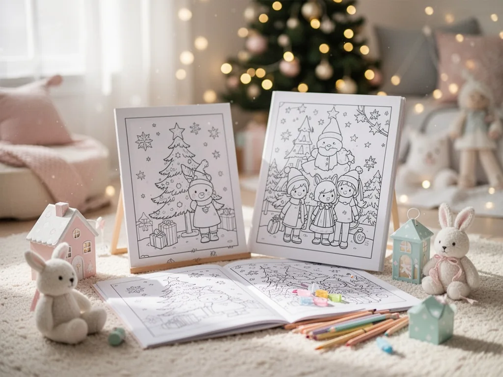 Feuilles de coloriage de Noël avec des dessins de père Noël, sapin, cadeaux et étoiles
