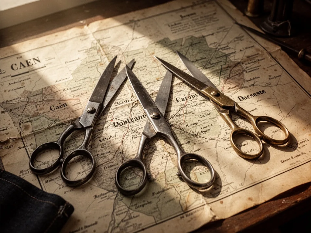 Three vintage sewing scissors lying on a weathered map of Caen, each blade pointing to a different district, soft aftern