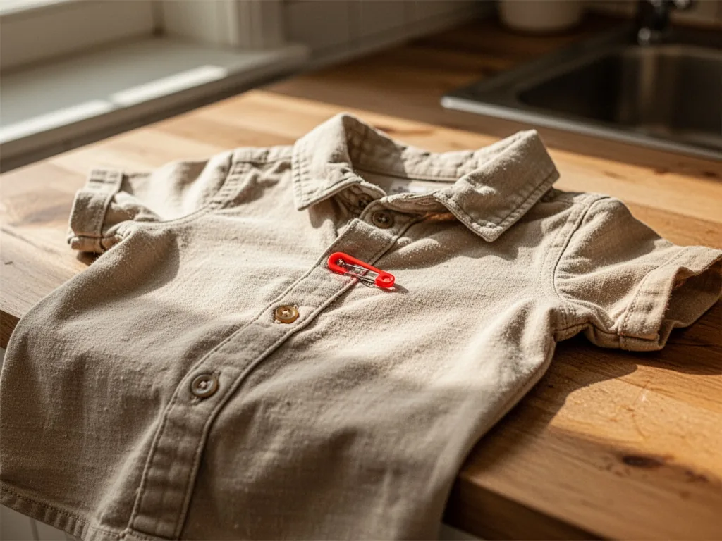 A child's cotton shirt with a missing button, temporarily fastened with a bright safety pin, resting on a kitchen counte