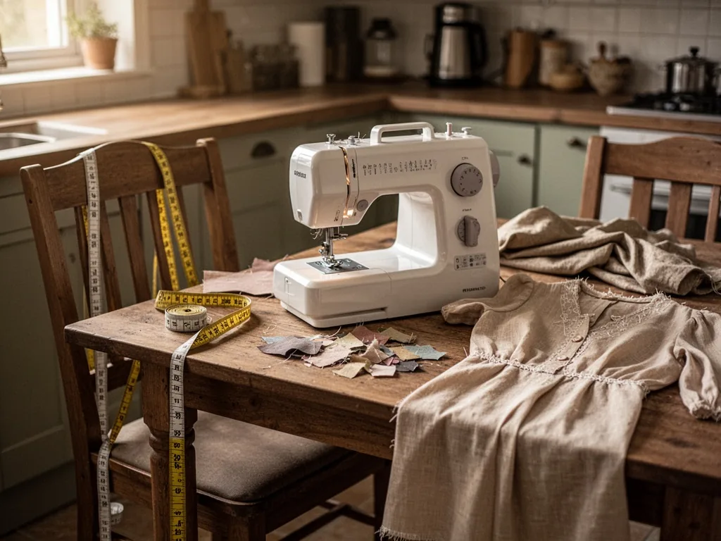 A portable sewing machine set on a kitchen table, measuring tape draped over a chair, fabric scraps and a half-finished 