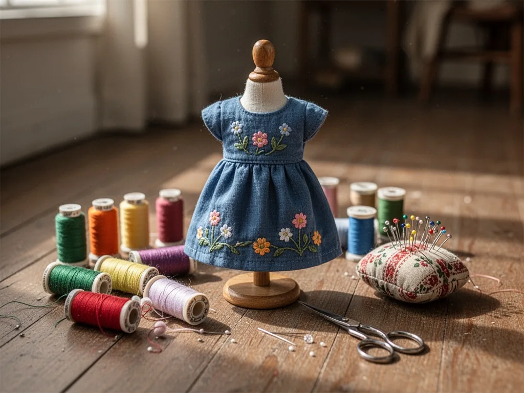 A tiny blue child's dress with embroidered flowers on a sewing mannequin, colorful thread spools, a pin cushion, and sma