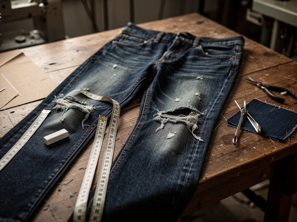 A pair of dark denim jeans laid flat on a wooden table, measuring tape and tailor's chalk beside the worn knees, a seam 