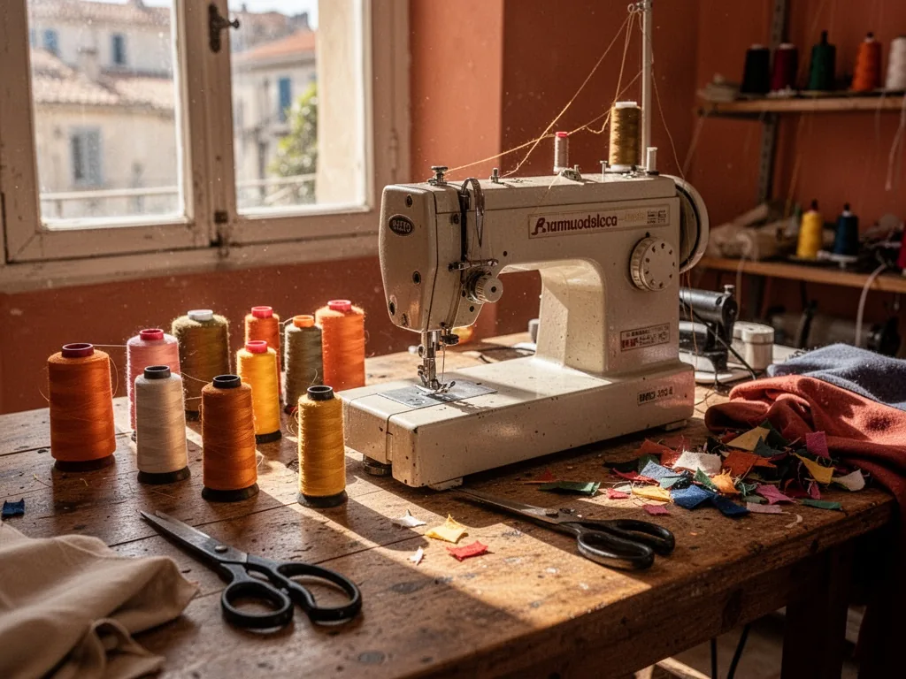 A sewing machine on a wooden table in a Marseille neighborhood atelier, spools of thread in warm colors, afternoon sunli
