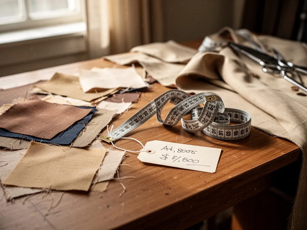 A tailor's worktable with scattered fabric swatches, a silver measuring tape, and a handwritten price tag, soft afternoo