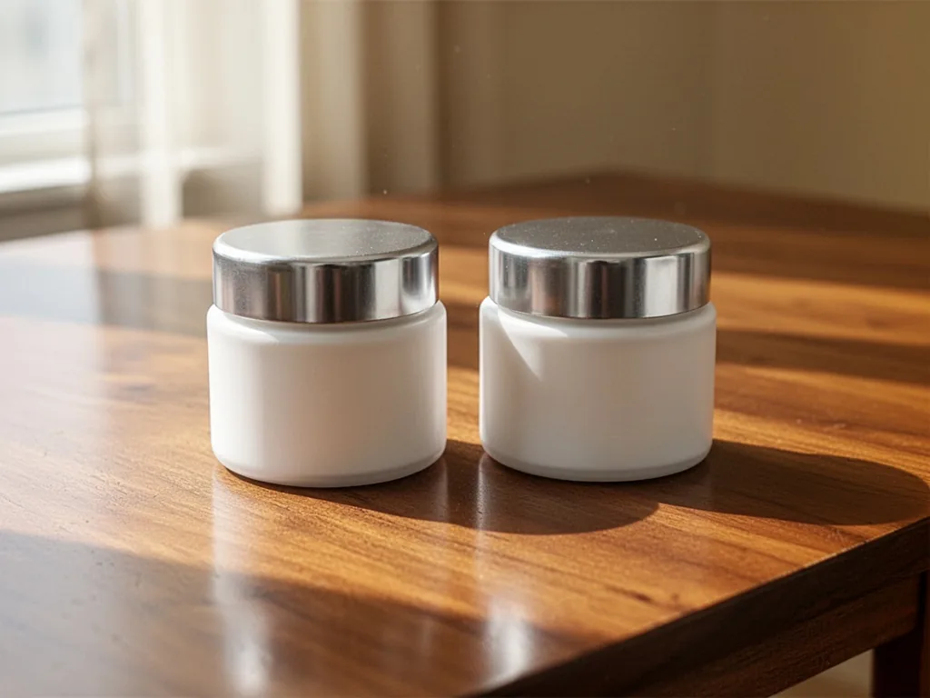Two white cream jars with metallic silver lids, side by side on a polished wooden table, soft window light casting subtl