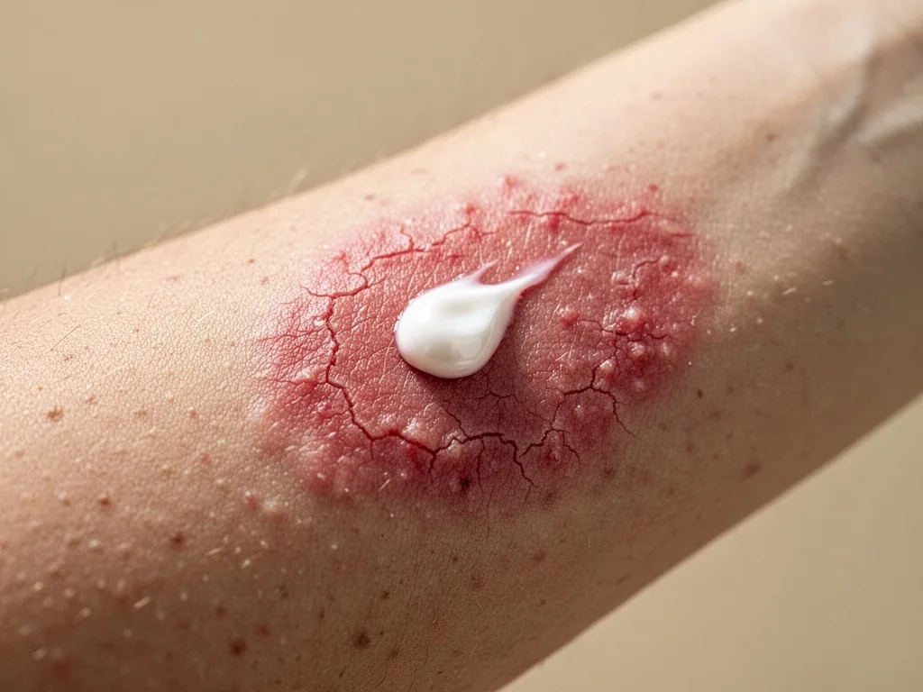 Close-up of red, irritated skin on a forearm, tiny cracked texture, a single pearl of cream near the inflamed patch, dif