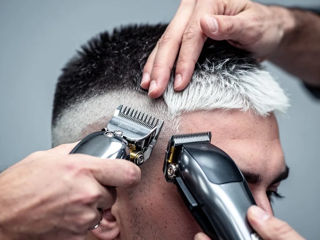 A barber's hand adjusting a clipper guard over a man's faded hair, sharp gradient from dark to white, soft studio light