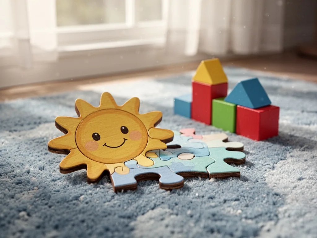 A wooden puzzle piece shaped like a smiling sun on a soft blue rug, near three colorful building blocks, gentle window l