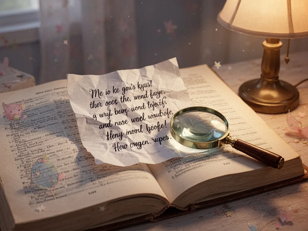 A crumpled paper note with a cryptic handwritten riddle inside an open vintage book, a magnifying glass resting on the p