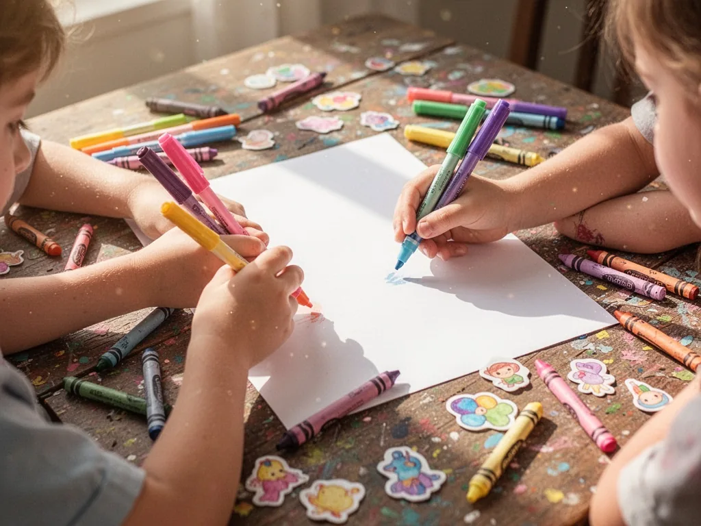 Two children's hands holding colorful markers over a blank piece of paper on a messy wooden table, scattered crayons and
