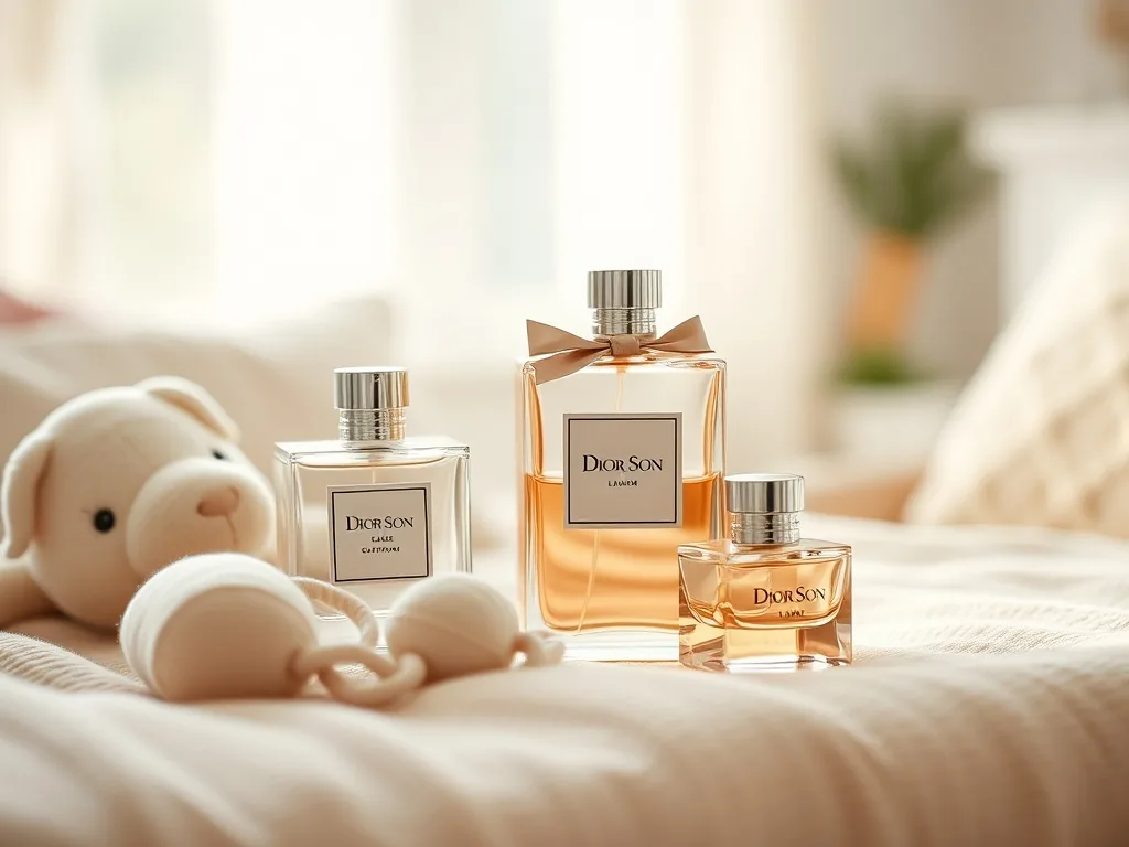 Un flacon de parfum J’adore de Dior posé sur une coiffeuse, entouré de pétales de fleurs, sous une lumière dorée