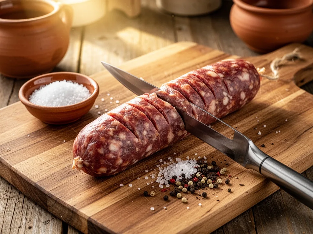 A raw figatelli sausage on a wooden cutting board, scored with a sharp knife, beside a small bowl of coarse salt and cra