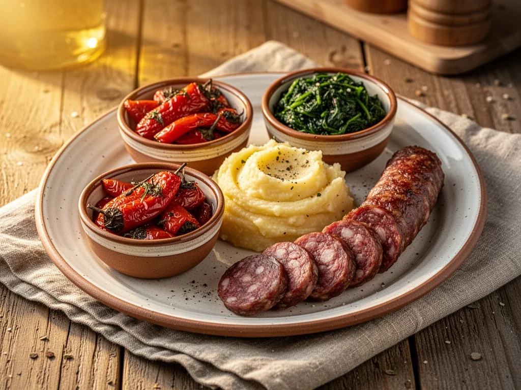 A ceramic plate with three small bowls of roasted red peppers, sautéed spinach, and creamy polenta, alongside sliced coo