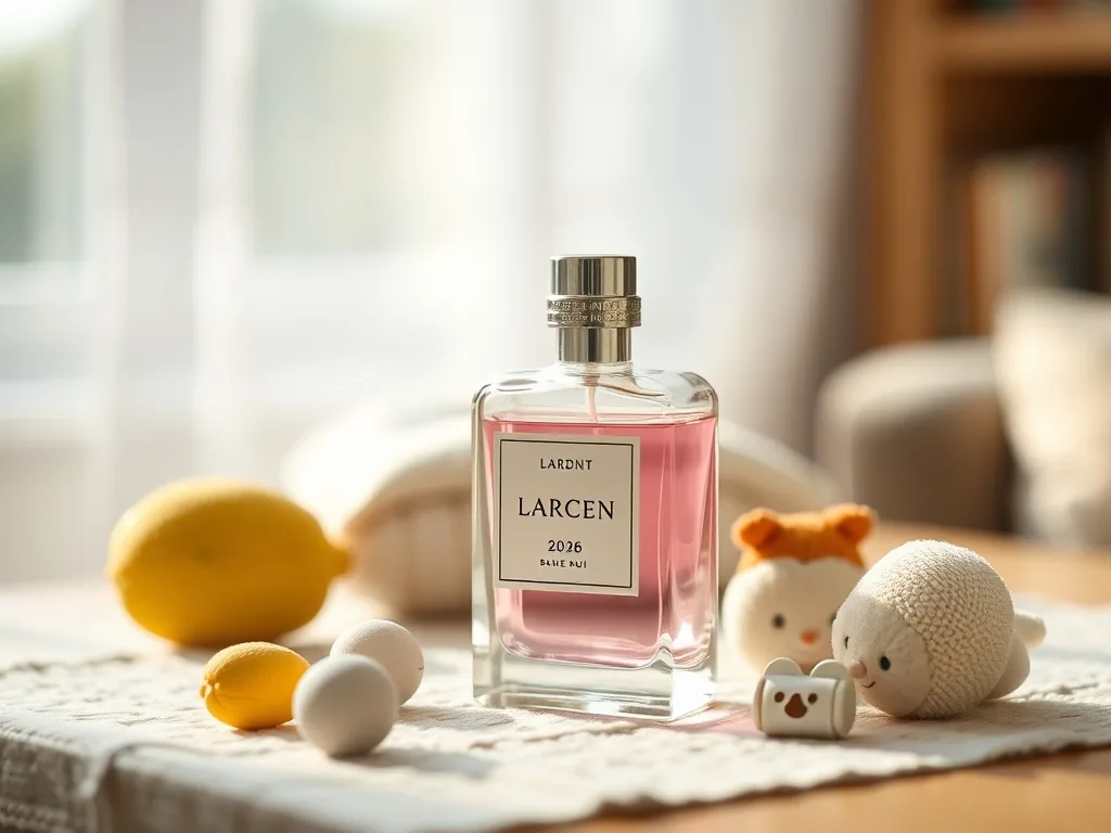 Plusieurs flacons de parfum en verre teinté, de formes différentes, posés sur une surface en marbre clair, avec un
