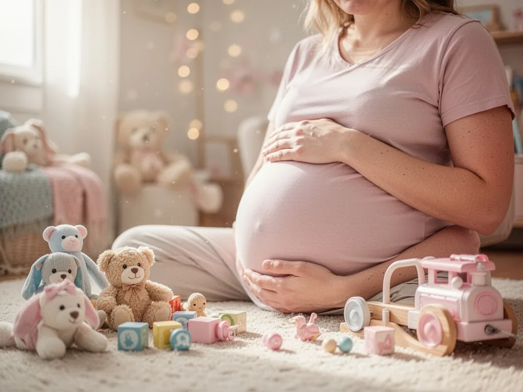 Femme enceinte assise sur un canapé, la main posée sur le bas-ventre, expression soucieuse mais calme