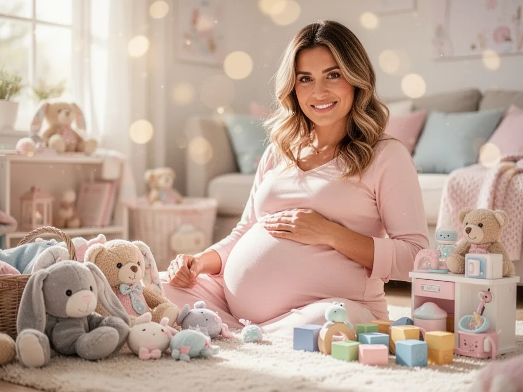 Karine Ferri souriante, assise dans un salon baigné de lumière, les mains posées sur son ventre arrondi de femme enceinte