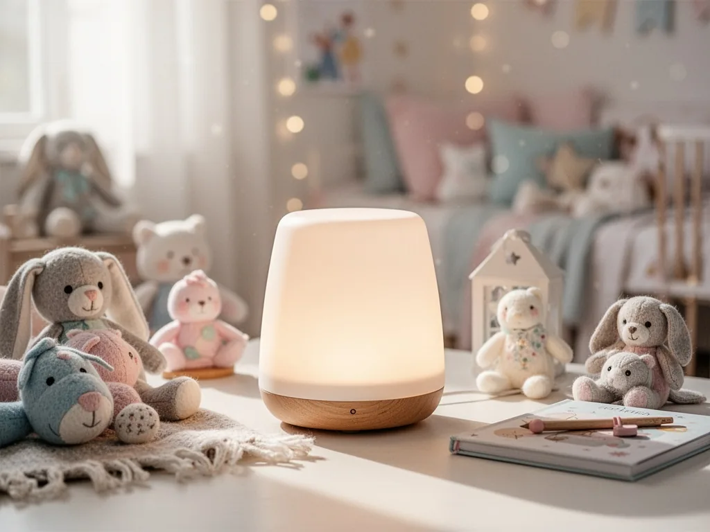 Enfant endormi dans son lit, baigné par la lumière douce et rouge d'une veilleuse en forme de champignon posée sur la table de chevet.