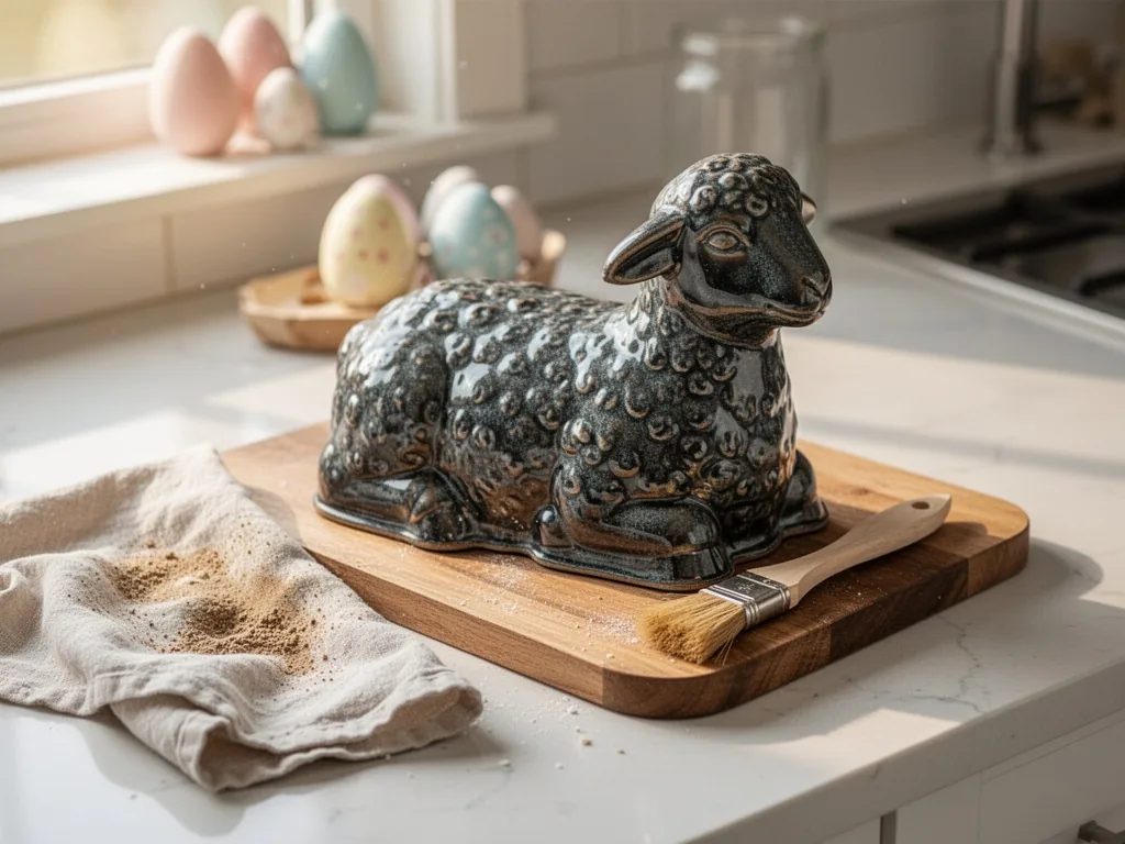 A ceramic lamb-shaped cake mold with dark patina, resting on a wooden board, beside a damp cloth and small brush for cle