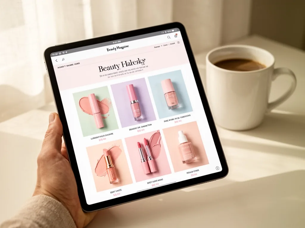 A tablet screen held by a hand displaying a beauty magazine website featuring makeup product images in pastel tones, a w