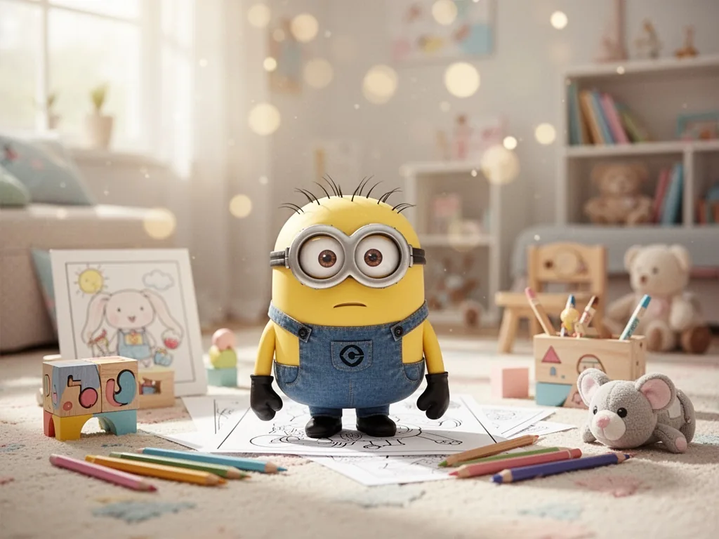 Un enfant colorie un Minion avec un feutre jaune, concentré sur les contours