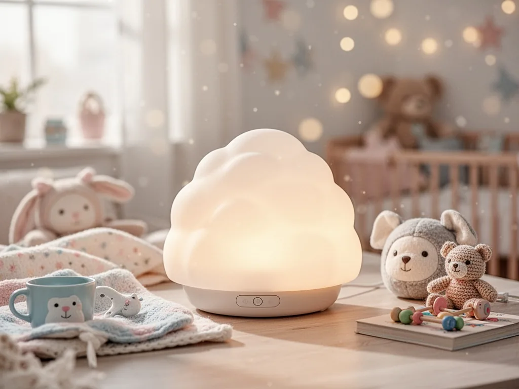 Veilleuse en forme de nuage blanc posée sur une table de chevet, diffusant une lumière douce et orangée dans une chambre d'enfant tamisée