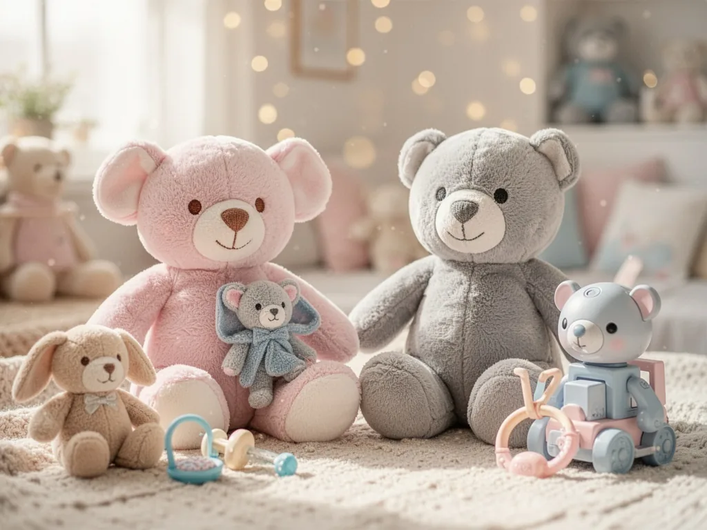 Une peluche bruit blanc posée sur une table de chevet dans une chambre de bébé à la lumière tamisée
