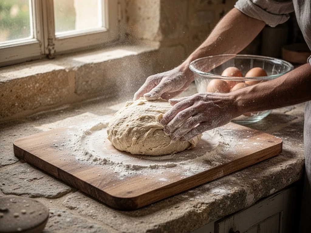 Flour dusted on a wooden board, a mound of dough being kneaded by flour-covered hands, a glass bowl with eggs nearby, so