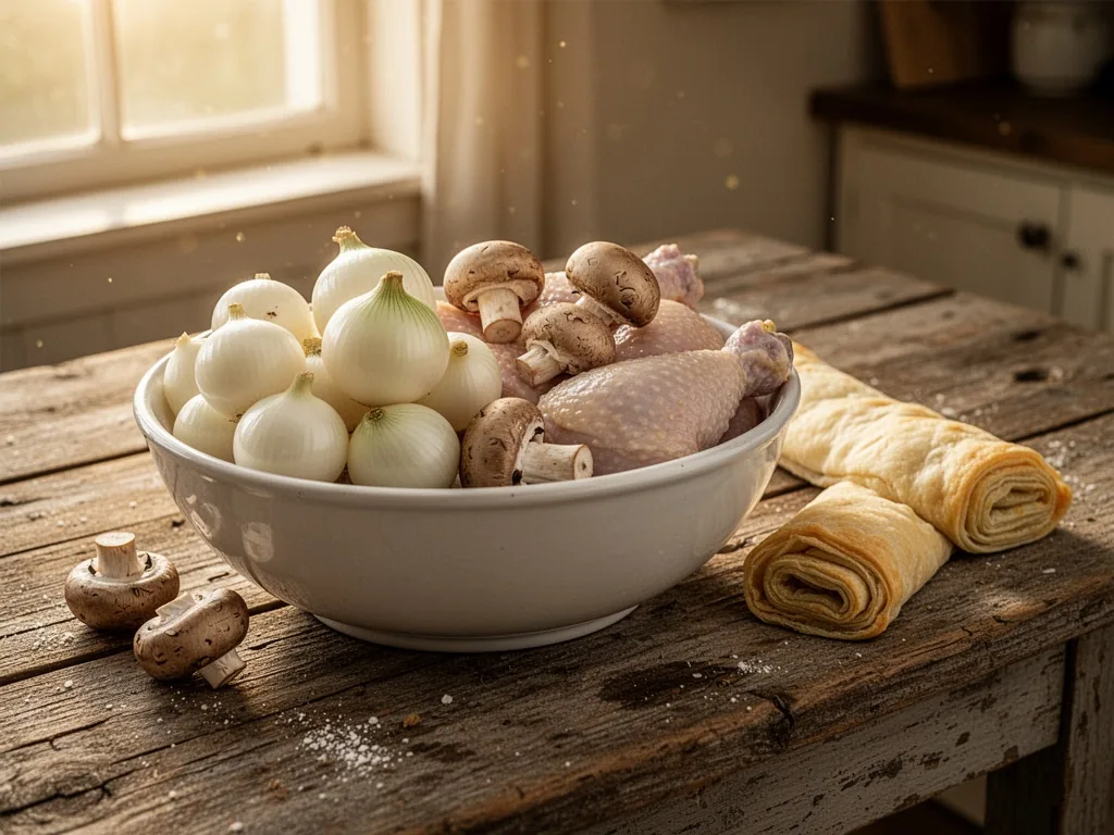 A weathered wooden table holding a white ceramic bowl of pearl onions, fresh mushrooms, chicken pieces, and rolled puff 