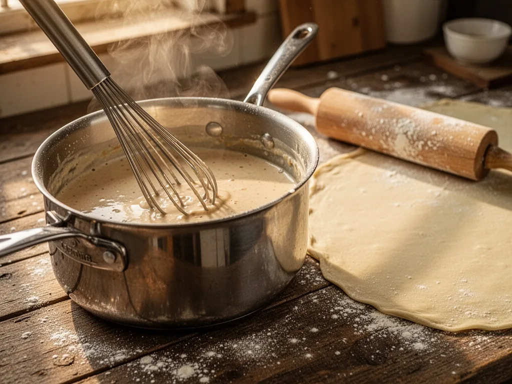 A stainless steel whisk stirring a creamy beige sauce in a heavy-bottomed saucepan, no lumps visible, a floured rolling 