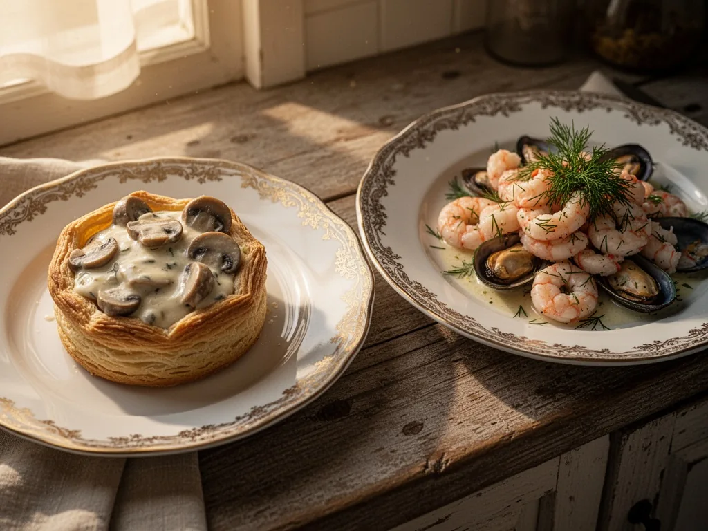 Two porcelain plates side by side, one with a vol-au-vent filled with creamy mushrooms, the other with seafood and dill,