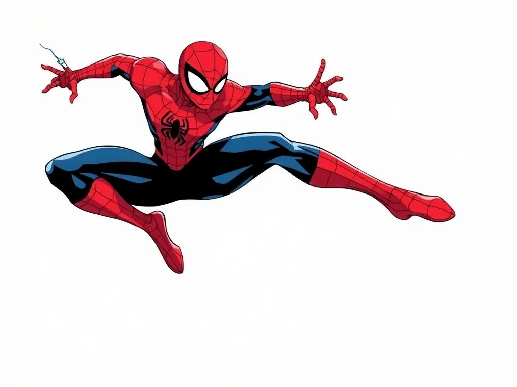 Un dessin de Spiderman en noir et blanc posé sur une table, entouré de crayons de couleur rouges et bleus, prêt à être
