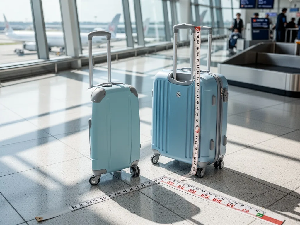 A child-sized cabin suitcase standing next to a measuring tape on a check-in floor, bright airport terminal lighting, cl