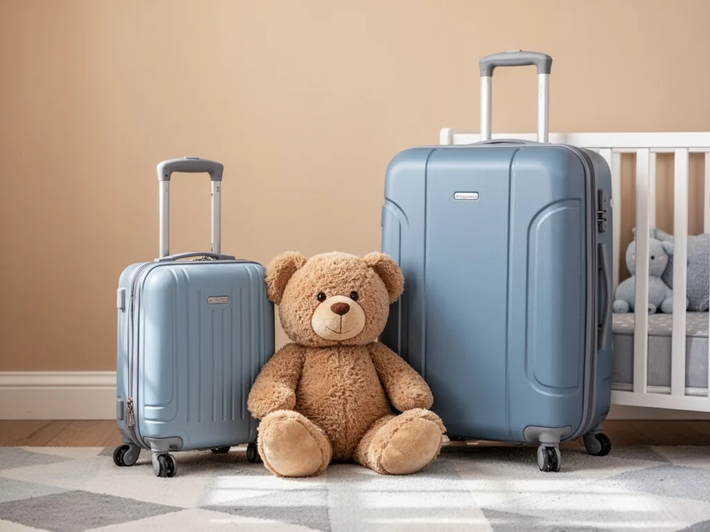 A small rolling suitcase beside a plush teddy bear, contrasting a larger suitcase, warm nursery room light, soft beige w
