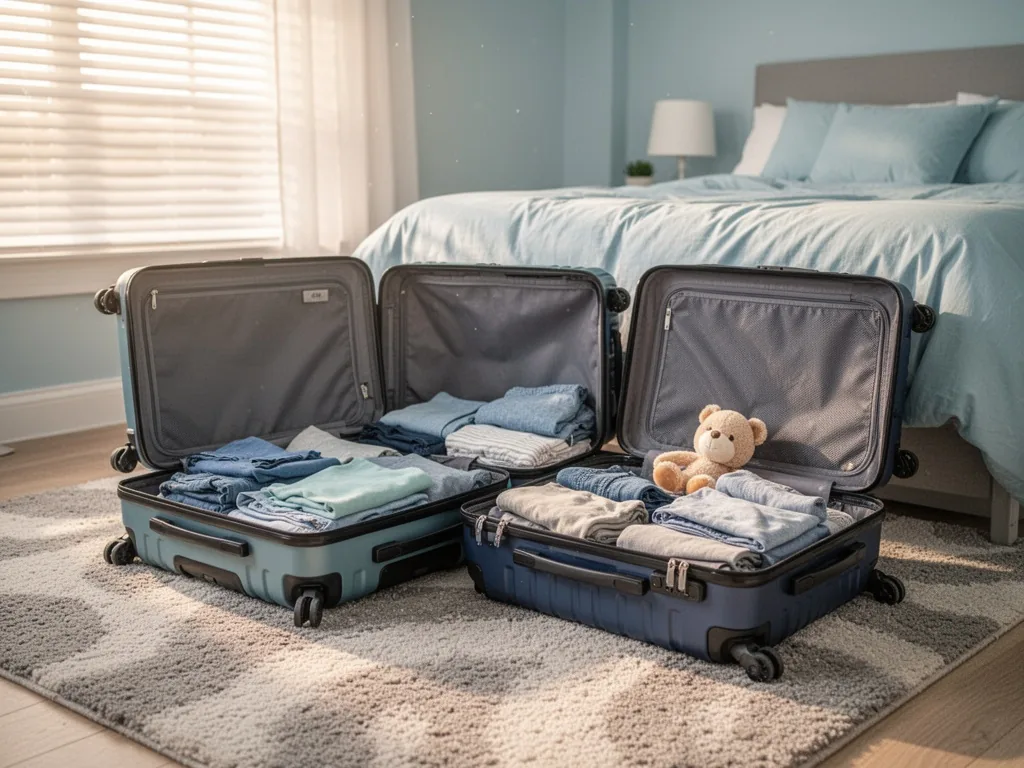 A group of three open suitcases on a bedroom rug, inside view showing packed clothes and a toy, gentle morning sun throu