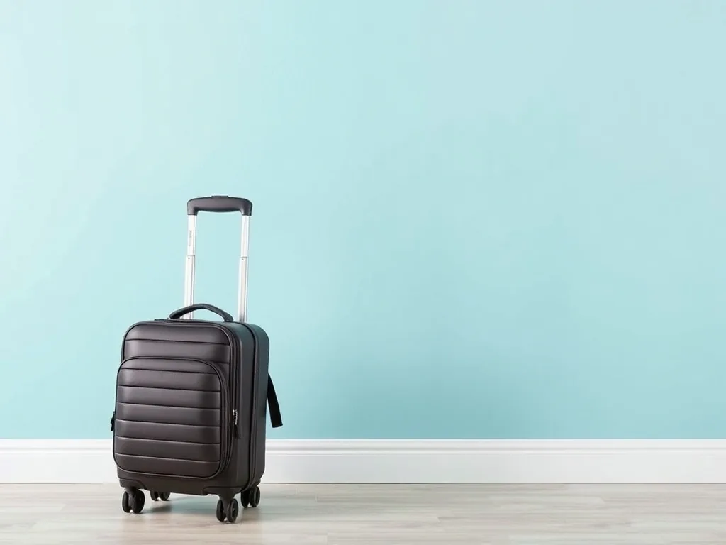 Une valise cabine enfant bleue à roulettes, avec des stickers d’animaux, posée sur le sol d’un aéroport lumineux